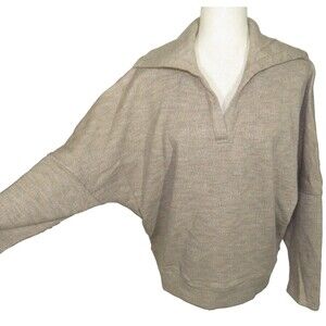 OGL Cozy Wool Blend Collared V Neck Batwing Sleeve Sweater Heather Taupe MEDIUM